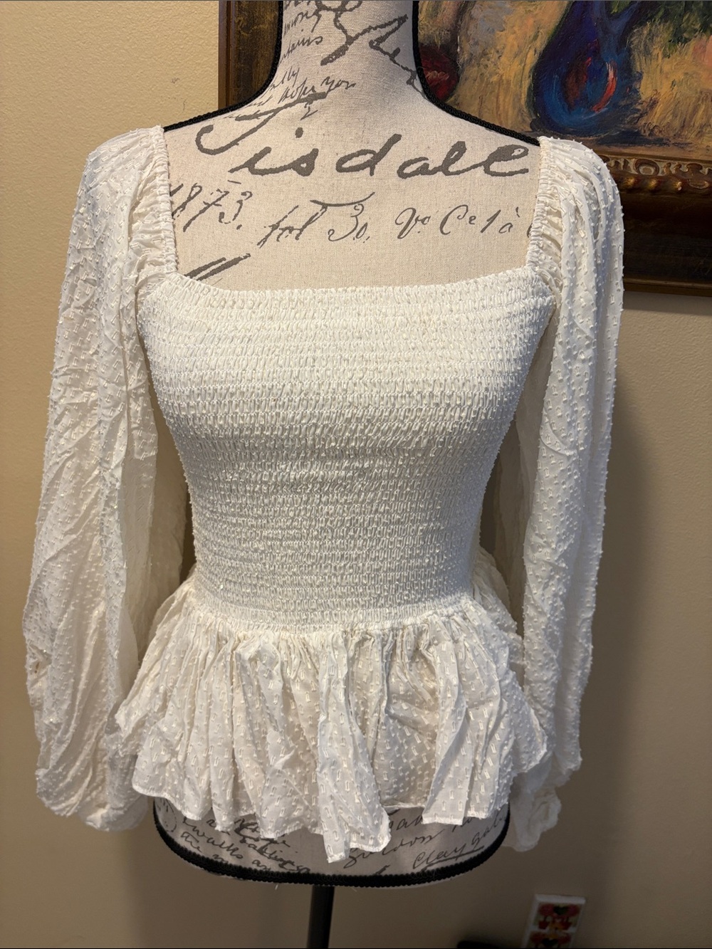 Caroline Constas Ivory Elastic Smocked Peplum ruffle Long-Sleeve Blouse